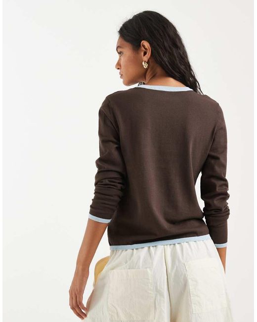 ONLY Brown Contrast Trim Light Knit Top