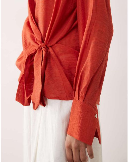 Mango Red Oversized Shirt With Tie Waist