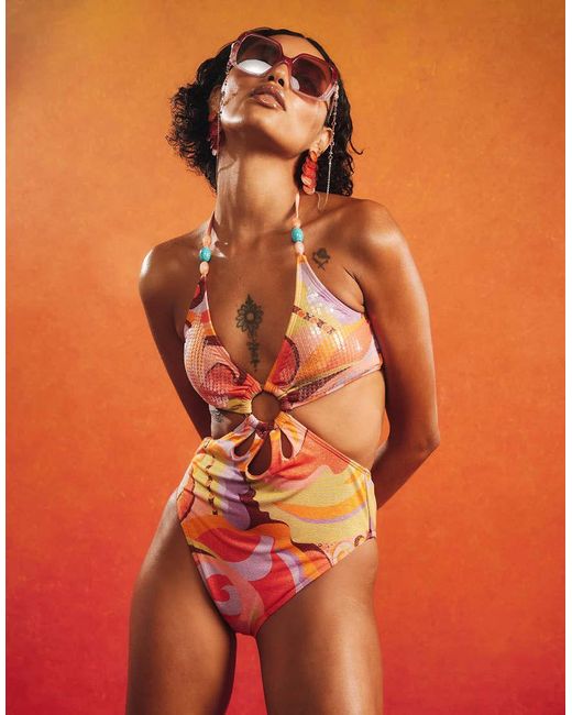 River Island Orange Swirl Glitter Swimsuit