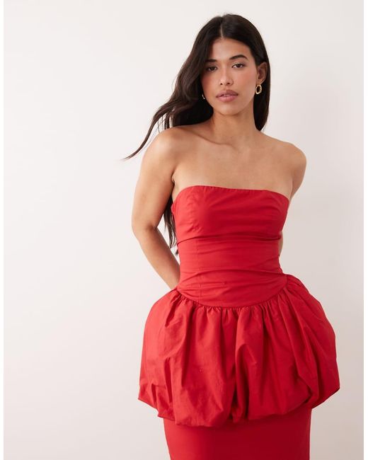 Kaiia Red Exclusive Bandeau Volume Peplum Puffball Lace Up Back Column Maxi Dress