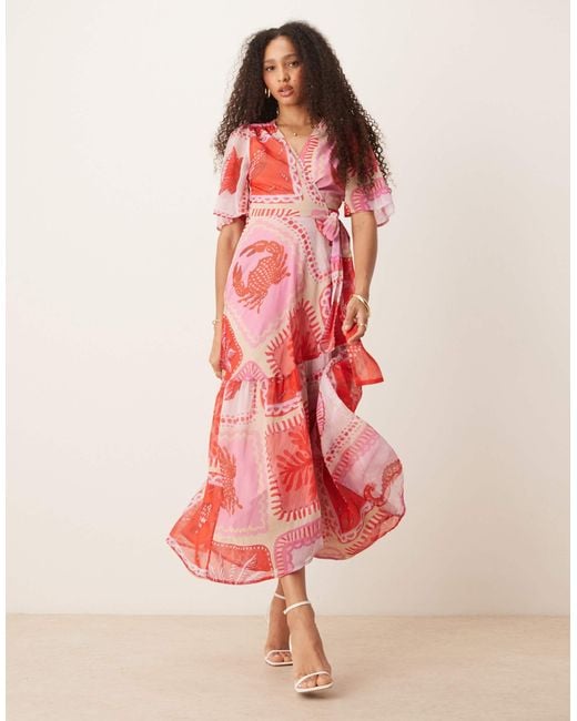 Hope & Ivy Pink Flutter Sleeve Maxi Wrap Dress