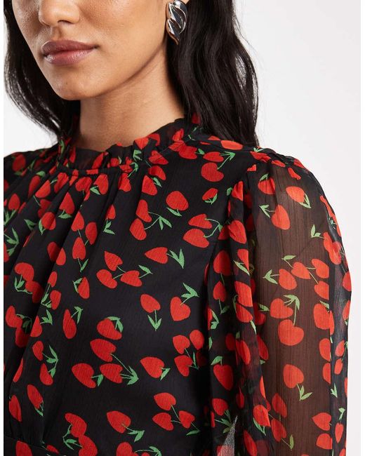 Wednesday's Girl Red Wednesdays Girl Printed Chiffon Cherry Print Dress