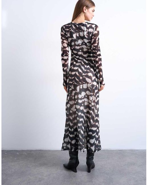 TOPSHOP White Mesh Maxi Animal Print Long Sleeve Dress