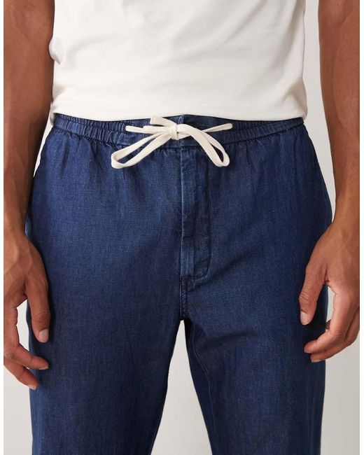 Mango Blue Linen Blend Denim Look Draw String Trousers for men