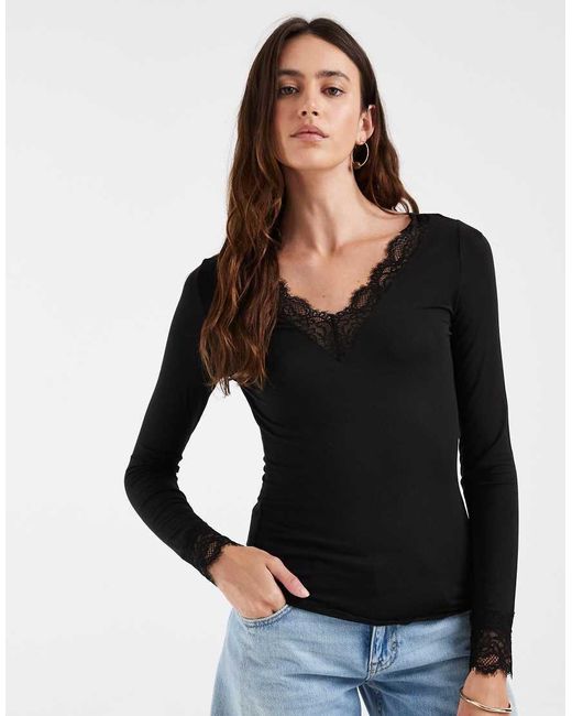 Vero Moda Black V-neck Long Sleeve T-shirt With Lace Trim