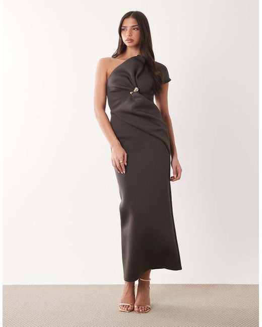 ASOS Brown Asymmetric One Shoulder Midi Dress With Trim