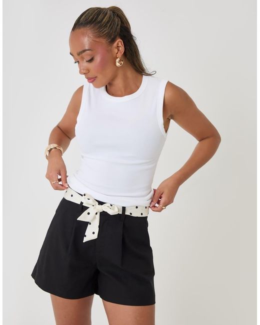 Threadbare White Petite Tailored Shorts With Polka Dot Satin Scarf Belt