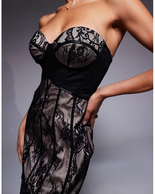 ASOS Blue Sculpted Boned Corset Detail Bandeau Lace Maxi Dress With Fishtail Hem And Contrast Lining