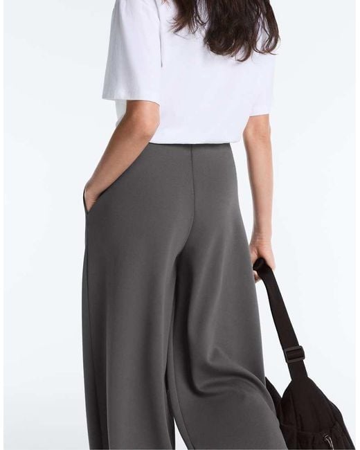 Oysho Gray Wide-leg High Rise Piqué Trousers
