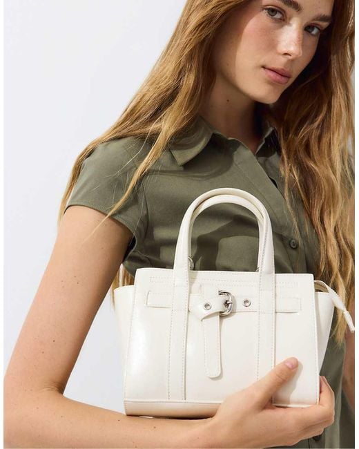 Stradivarius White Mini Tote Bag With Buckle