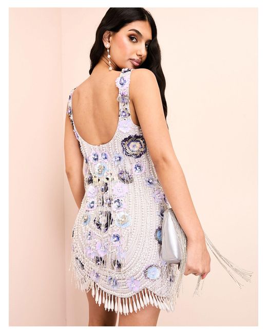 ASOS Blue 3d Floral Embellished Mini Dress With Scallop Hem And Drop Pearl Detail