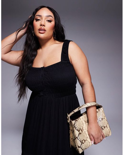 ASOS Black Asos Design Curve Ruched Square Neck Tiered Maxi Dress With Lace Inserts