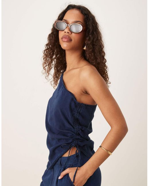 Mango Blue One Shoulder Soft Denim Top With Cinched Waist Co-ord