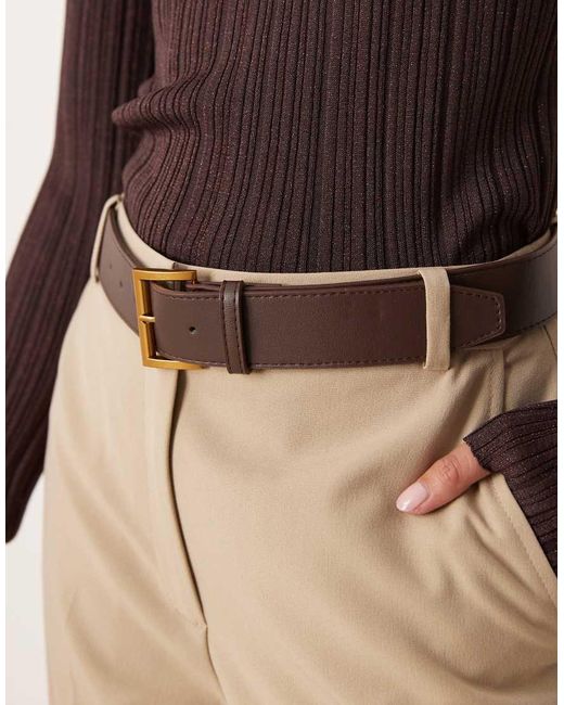 ASOS Natural Petite Tailored Slim Straight Leg Trousers With Belt