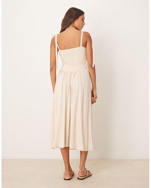 ASOS Natural Crinkle Shirred Bodice Tie Cami Strap Midi Sundress