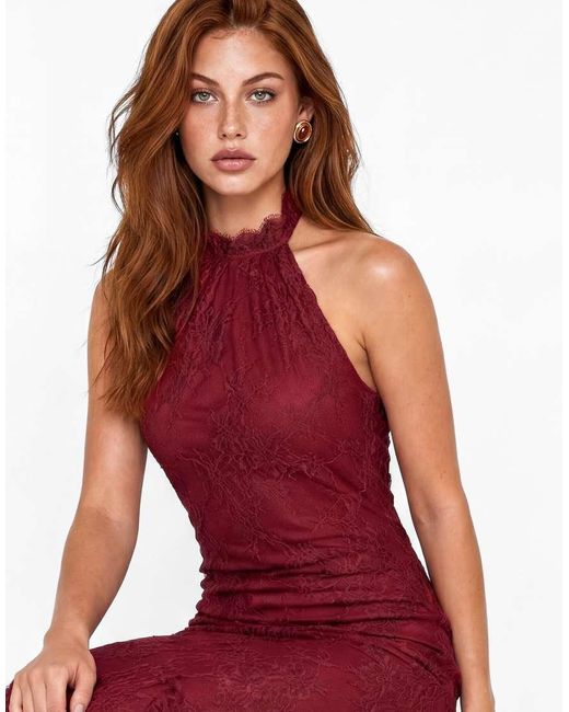 Maya Red Halter Neck Ruffle Hem Lace Maxi Dress