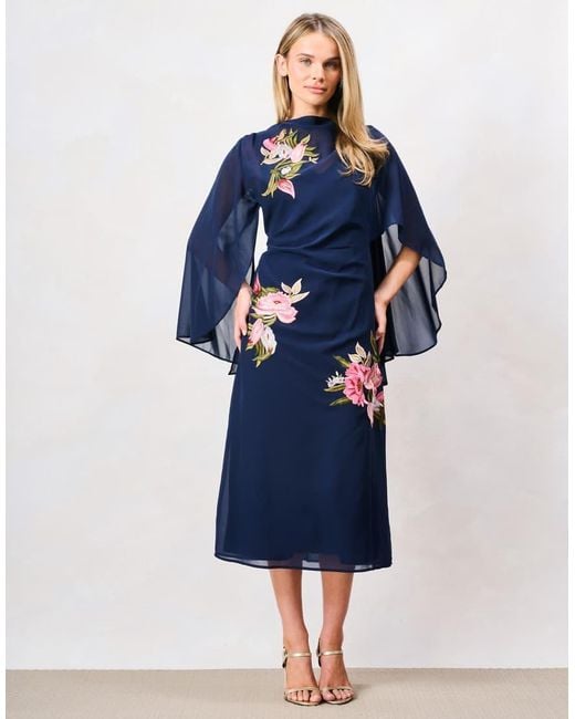 Hope & Ivy Blue The Ludmila Embroidered Caped Sleeve Midi Dress With Bow Back