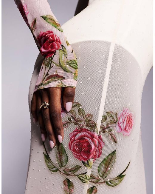 AFRM Purple – rowan – hochgeschlossenes netzstoff-maxikleid mit fallendem rosen-print