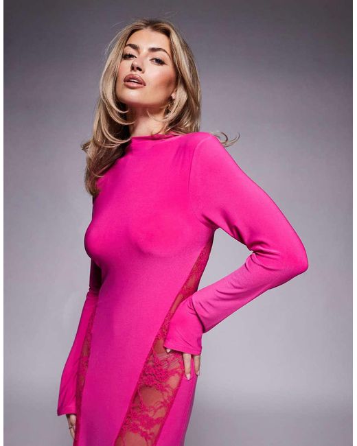 ASOS Pink Long Sleeve High Neck Maxi Dress With Seamed Lace Panels