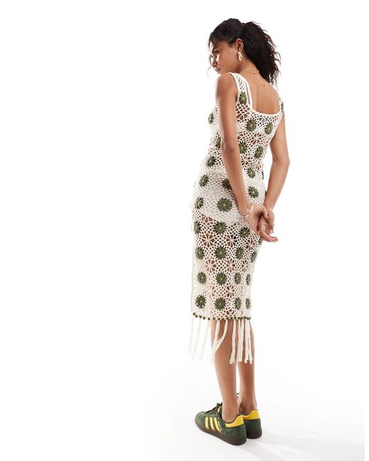 Reclaimed (vintage) White Limited Edition Crochet Midi Dress With Flowers