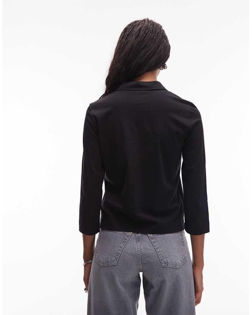 ARKET Blue Jersey Rib Knit Polo Top With Zip Collar And 3/4 Length Sleeves