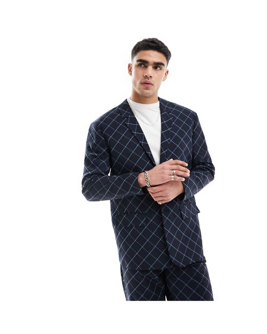 ASOS Blue Relaxed Bias Cut Check Suit Jacket for men