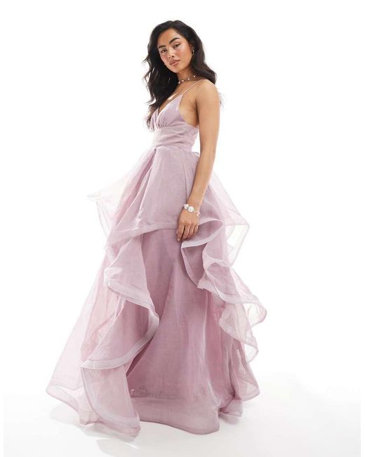 True Decadence Pink V-Neck Ruffle Skirt Maxi Dress