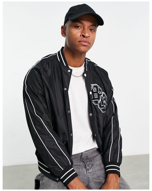 Bershka Synthetic Nylon Varsity Bomber Jacket in Black for Men Lyst