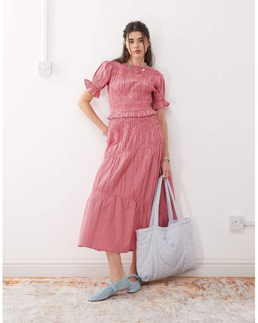 Reclaimed Vintage Pink Midi Sun Dress With Puff Sleeve And Shirred Detail