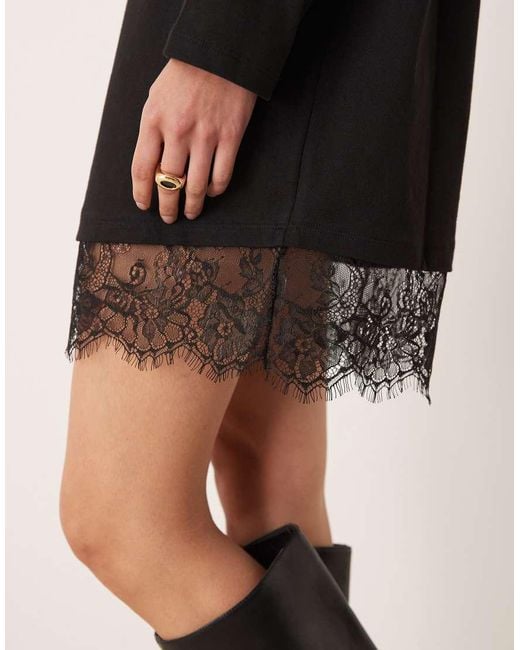 ASOS Black Long Sleeved T-shirt Dress With Lace Trim