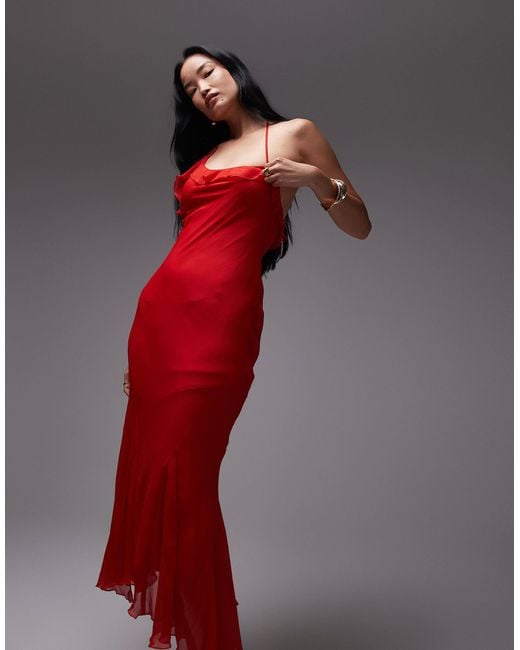 Robe élégante et mi-longue en mousseline avec jupe à godets TOPSHOP en coloris Red