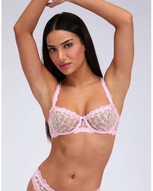 Boux Avenue Pink Rosa Embroidered Balconette Bra Unpadded Floral Lingerie