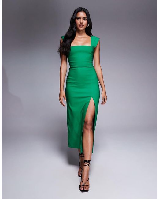 Vesper Green Bengaline Square Neck Thigh Split Midi Dress