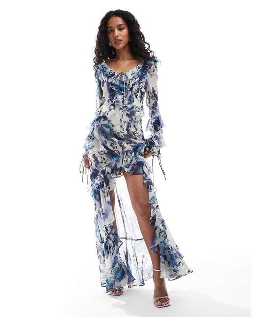 ASOS Long Sleeve Ruffle Maxi Dress With Lace Inserts in Blue | Lyst