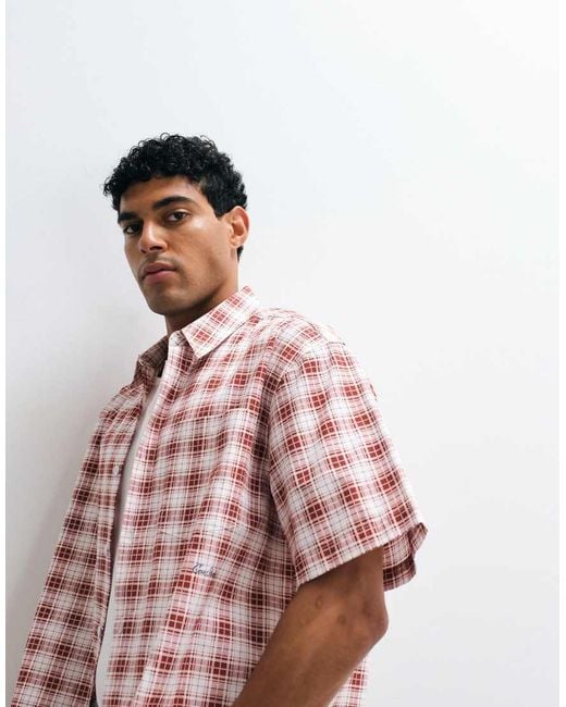 ASOS Red Boxy Oversized Micro Check Shirt With Chest Print for men