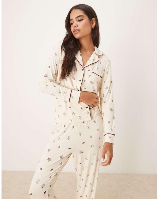 ASOS Natural Super Soft Long Sleeve Shirt & Trouser Pyjama Set With Contrast Piping