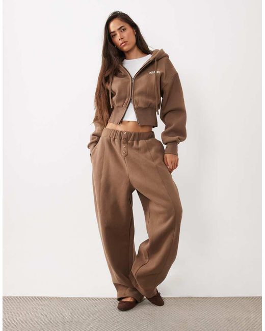 Wanderdoll Natural Sloane Premium Cotton Blend Cropped Zip Through Hoodie Co-ord