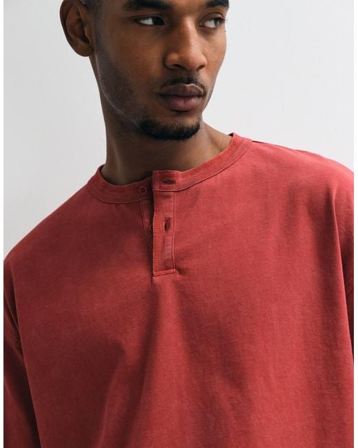 ASOS Red Heavyweight Boxy Oversized Henley T-Shirt for men