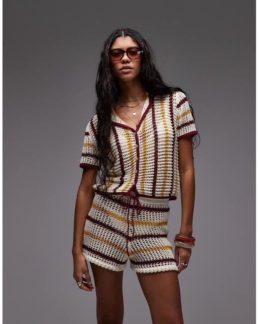 Camisa Color Crema A Rayas Rojas Y Amarillo Mostaza De Punto Calado De (Parte De Un Conjunto) TOPSHOP de color Brown