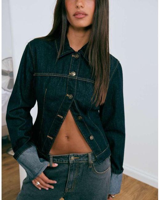 Lioness Blue The Bronx Structured Turn Up Cuff Denim Jacket N Dark Wash