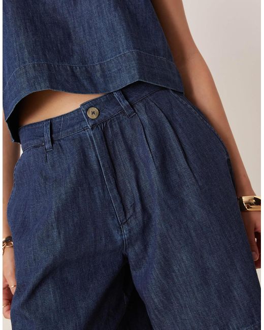 Mango Blue Cotton Tailored Longline Denim Short Co-ord With Dart Detailing