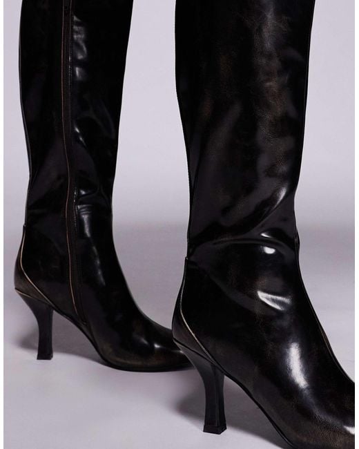 Public Desire Black Levitate Pointed Toe Knee Boots With Vintage Heels