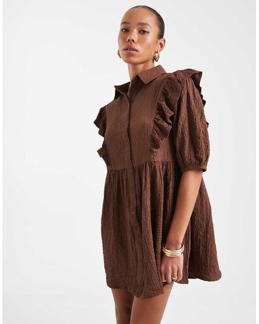 Wednesday's Girl Brown Ruffle Detail Mini Smock Dress