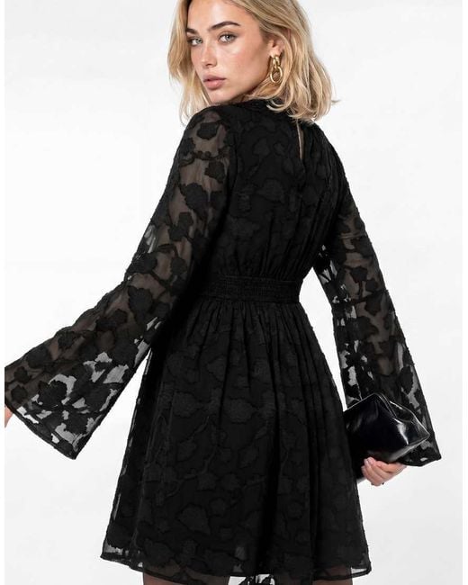 Lovedrobe Black Floral Burnout Lace Detail Long Sleeve Mini Dress