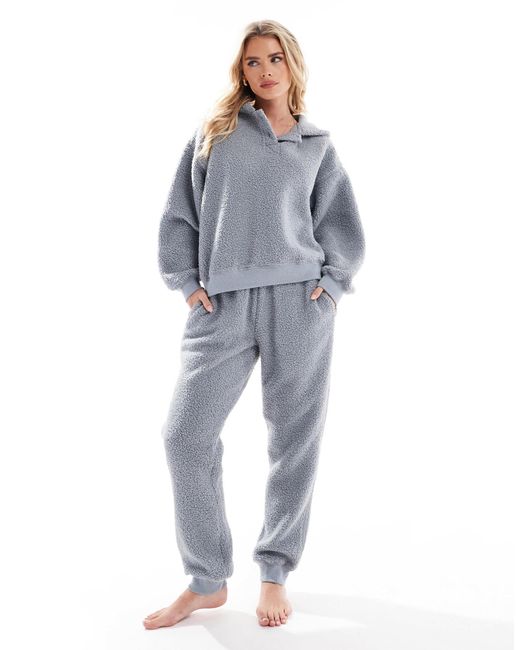 ASOS Blue Asos Design Petite Lounge Borg Oversized Hoodie & jogger Set