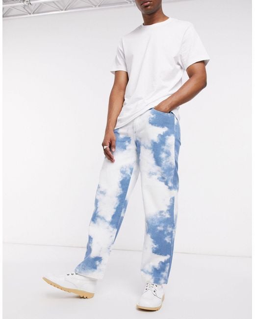 Jaded London Blue Jaded Cloud Print Skate Jeans for men