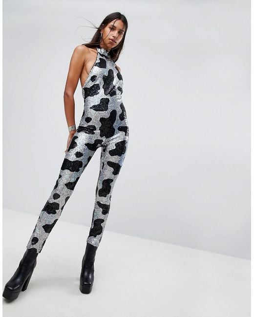 Jaded London Multicolor High Neck Jumpsuit In Sequin Cow Print
