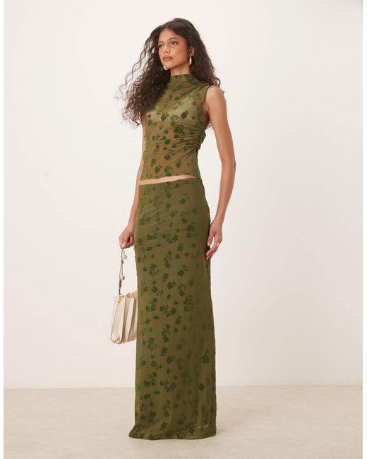 Top d'ensemble sans manches transparent à col montant et motif fleuri floqué - olive ASOS en coloris Green