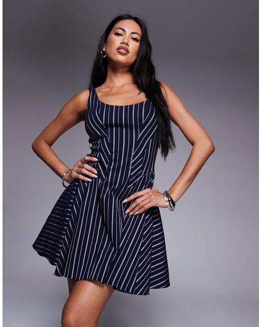 ASOS Blue Bengaline Scoop Neck Structured Flippy Mini Dress