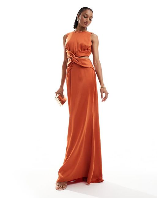 TFNC London Tfnc Bridesmaids Tall Satin Deep V Back Waist Cut Out Satin  Maxi Dress in Red | Lyst UK